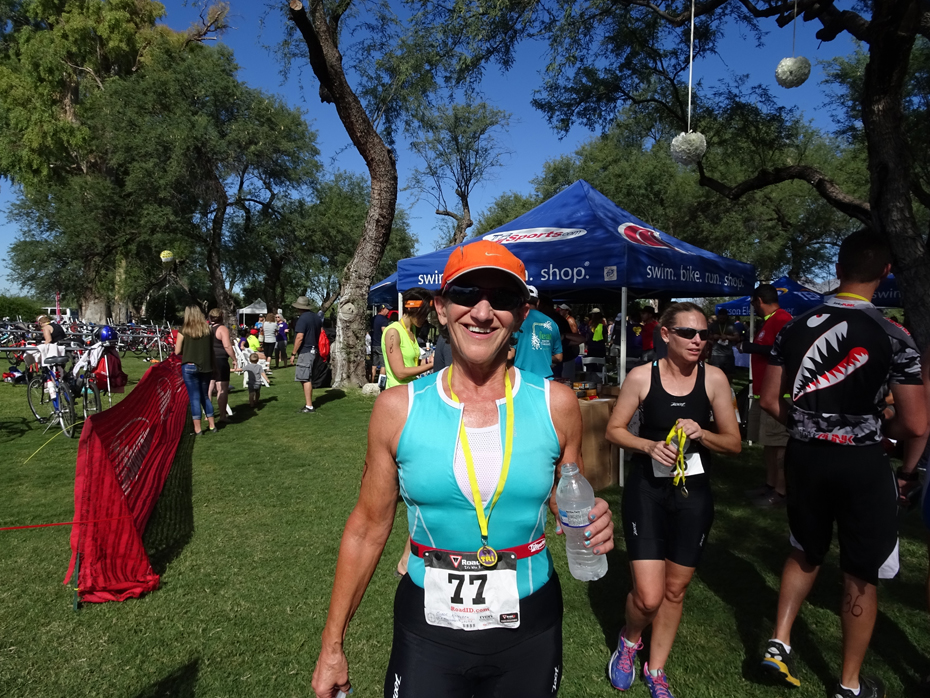 Kathleen Bober at finish of 2016 Tri for Acts of Kindness Sprint Triathlon