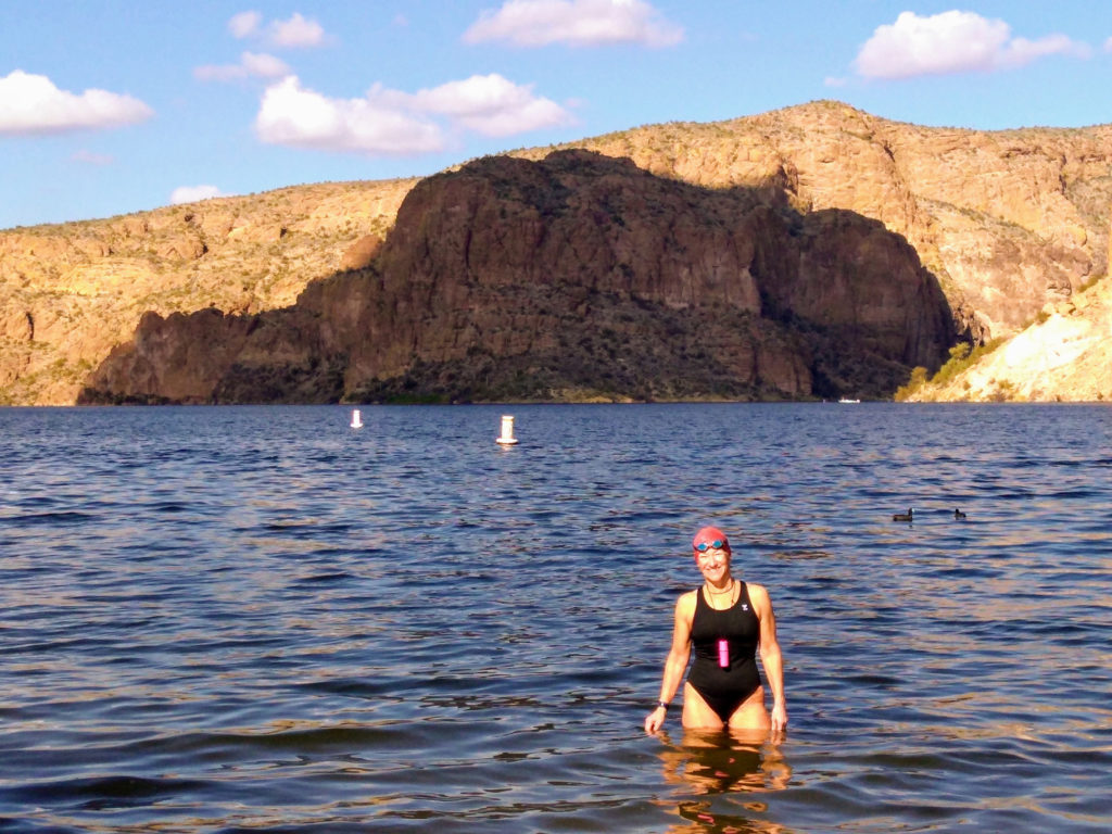 Kathleen Bober swimming at Canyon Lake Acacia Area in January, water temperature 54F.