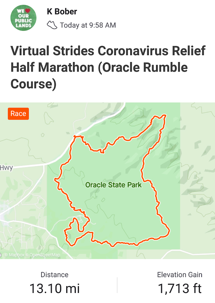 Kathleen Bober's Virtual Strides Coronavirus Relief half marathon